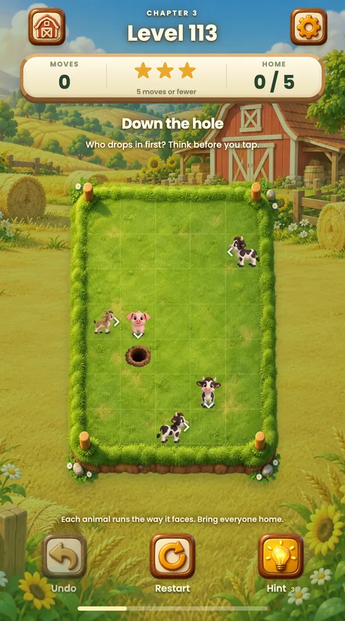 A pen in the harvest fields with cows, a goat, a pig and a hole in the ground