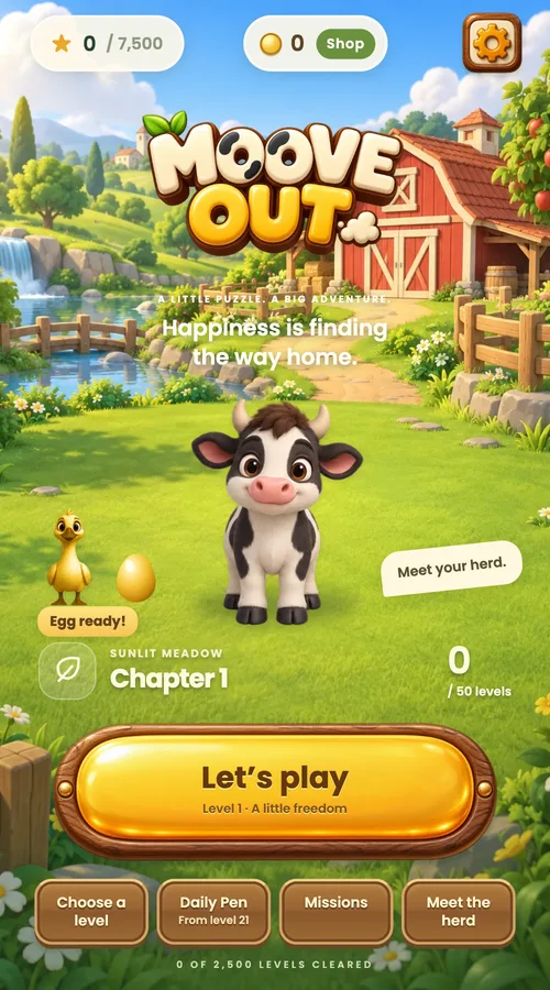 The Moove Out farm screen: the logo, a cow, the golden goose and the Let&rsquo;s play button