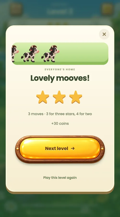 The win card: three cows running across the top, the words Lovely mooves! and three stars