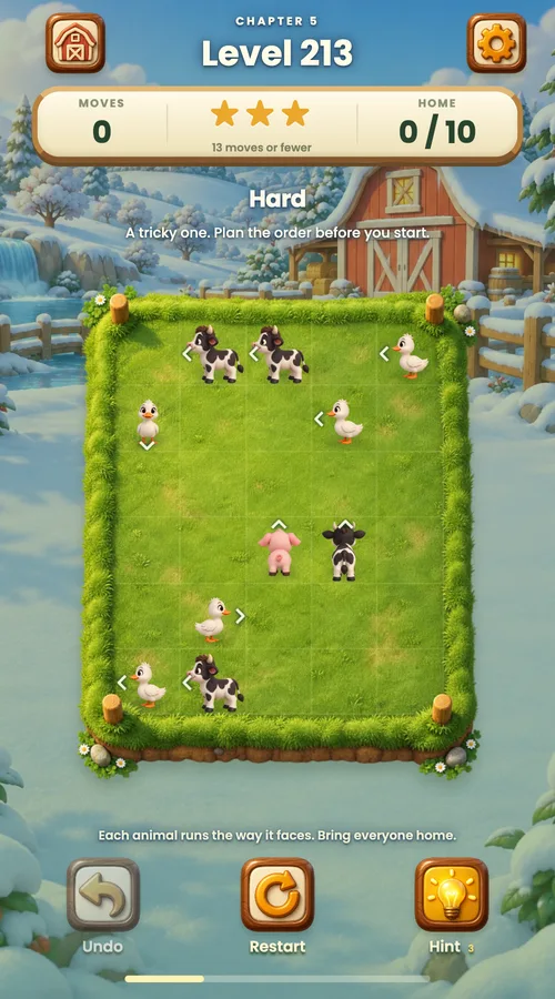 A hard pen on the snowy winter farm, with cows, ducks, chickens and a pig