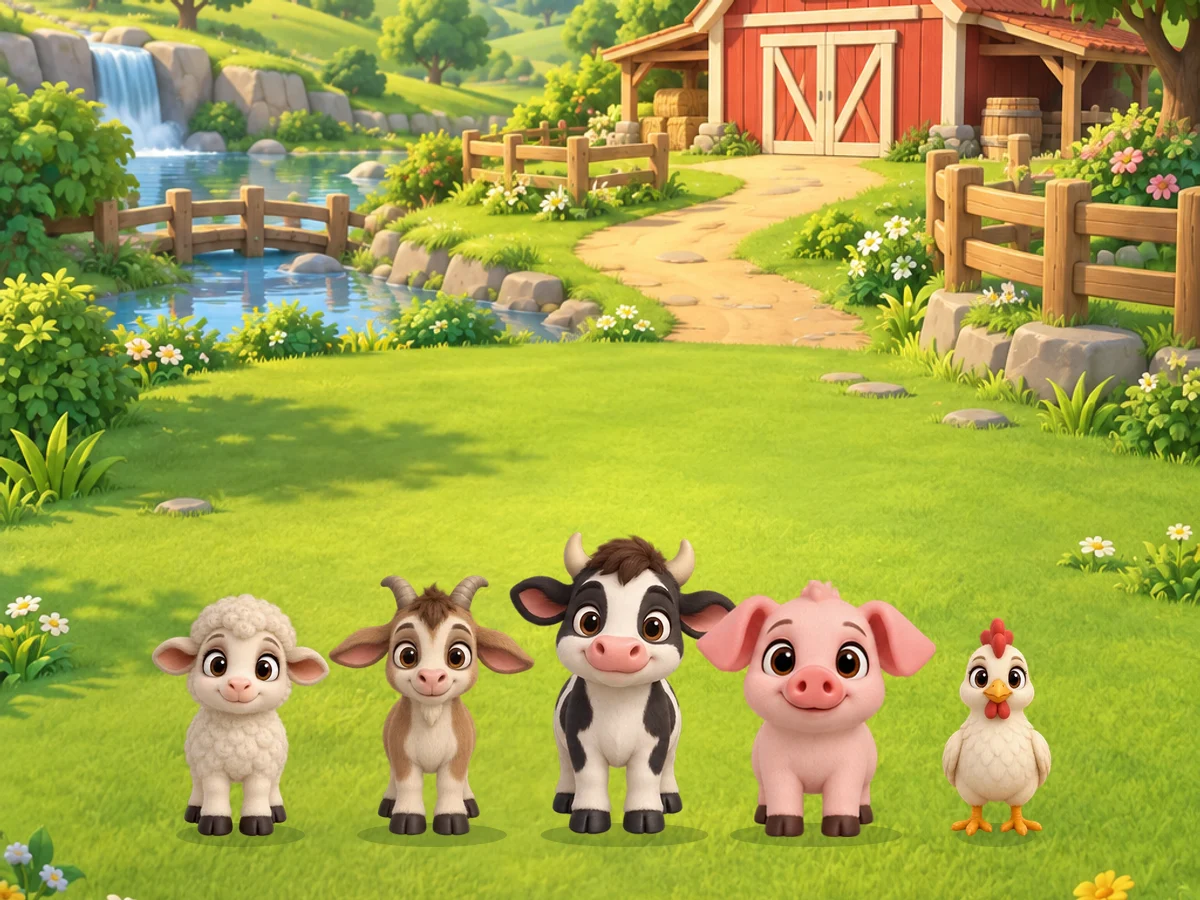 A sheep, a goat, a cow, a pig and a chicken from Moove Out, on the grass in front of the farm