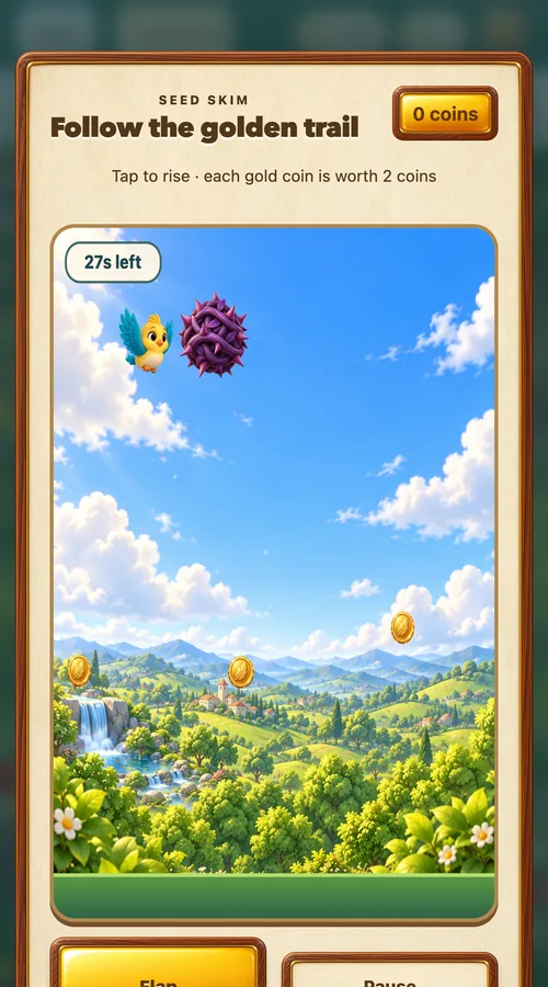 Seed Skim: Pip flying past a thorny bramble towards gold coins