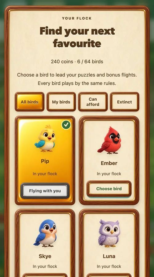 The flock collection: Pip, Ember and more birds with Choose bird buttons
