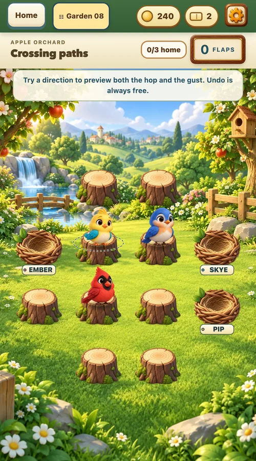 A TumbleWing garden: three birds on tree stumps among nests, with flap direction buttons below