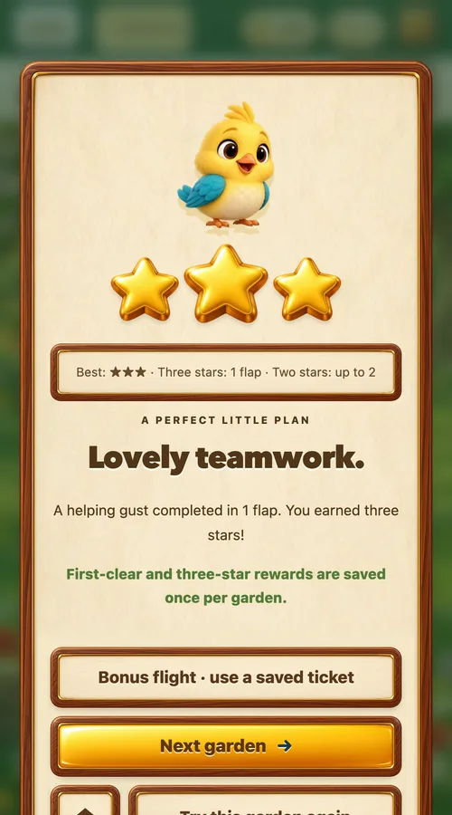 The garden complete panel: Pip with three gold stars and the Next garden button