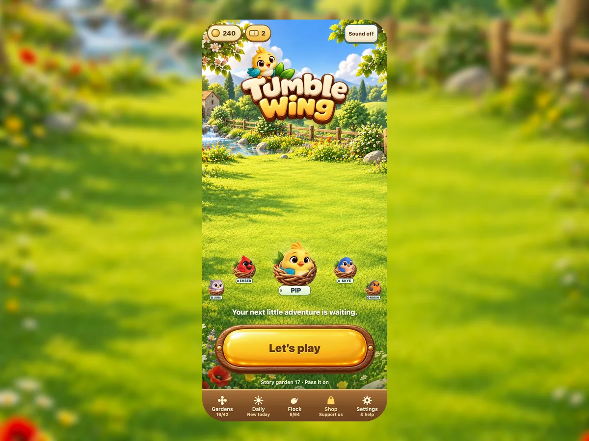 The TumbleWing home screen: Pip in a nest on a sunny meadow