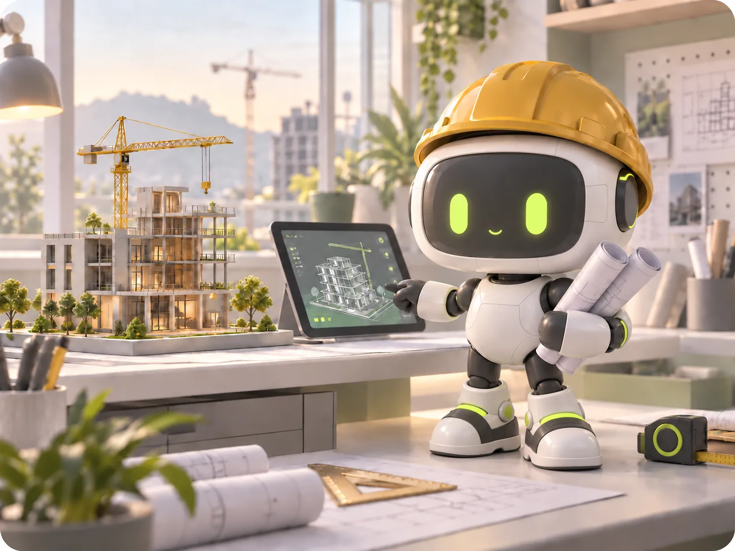 Xo with a hardhat, plans and a tablet in a construction workspace