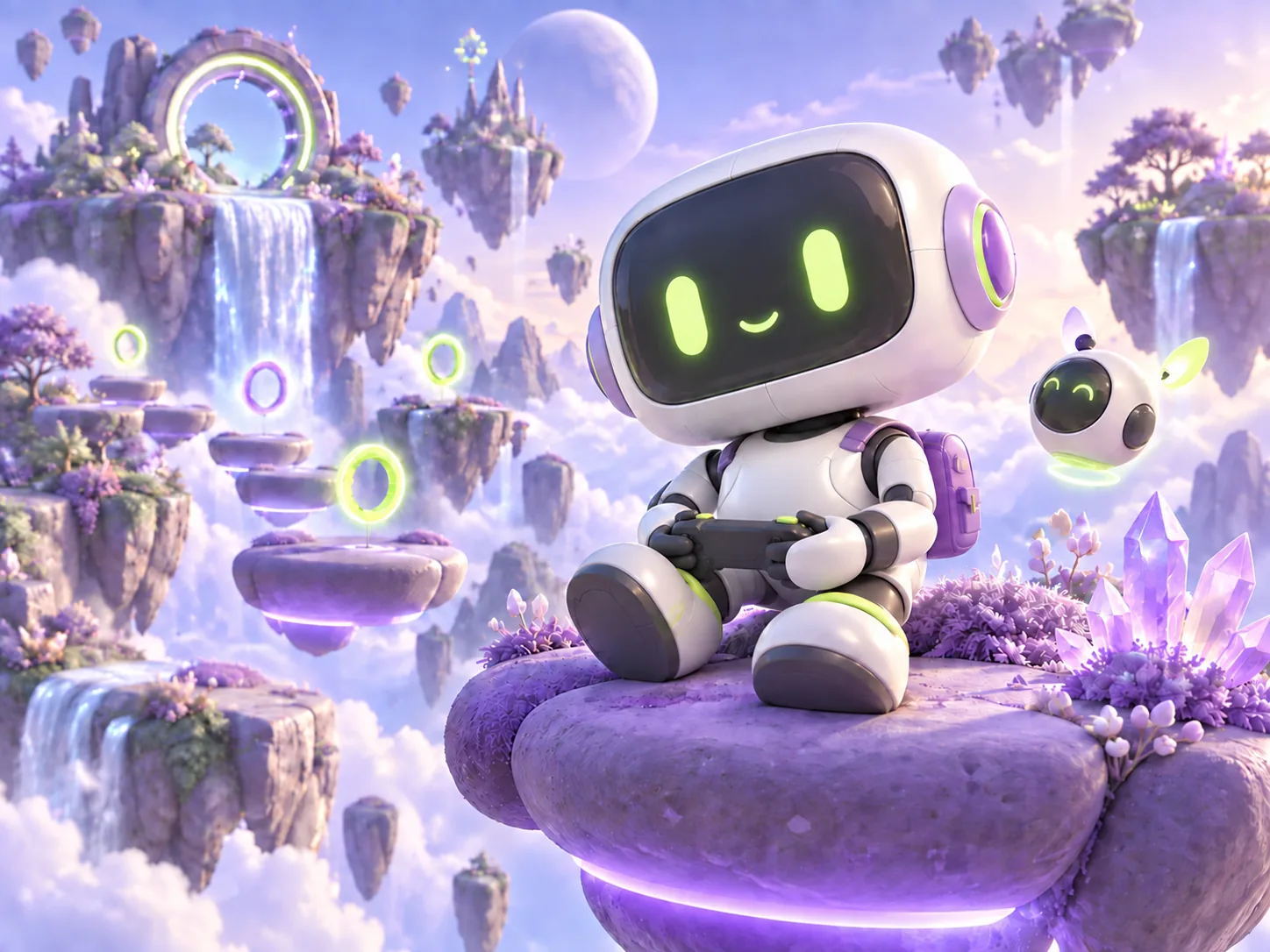 Xo playing with a controller in a world of floating islands and portals