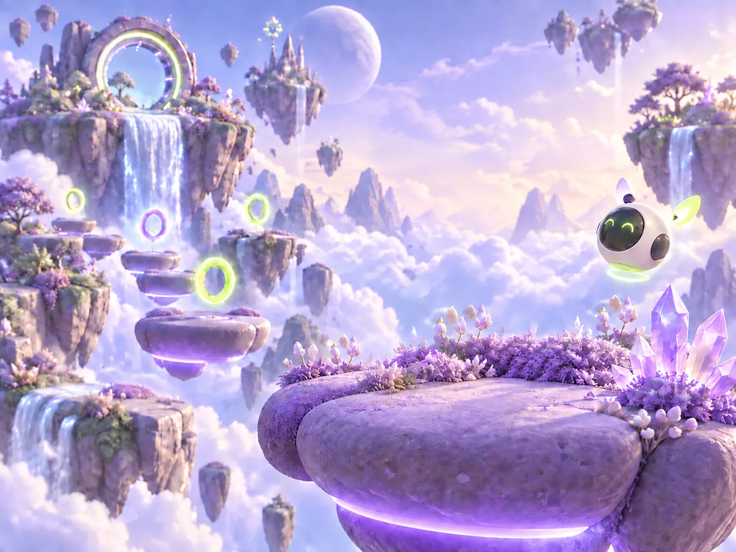 Colourful floating islands and a glowing portal in an original game world
