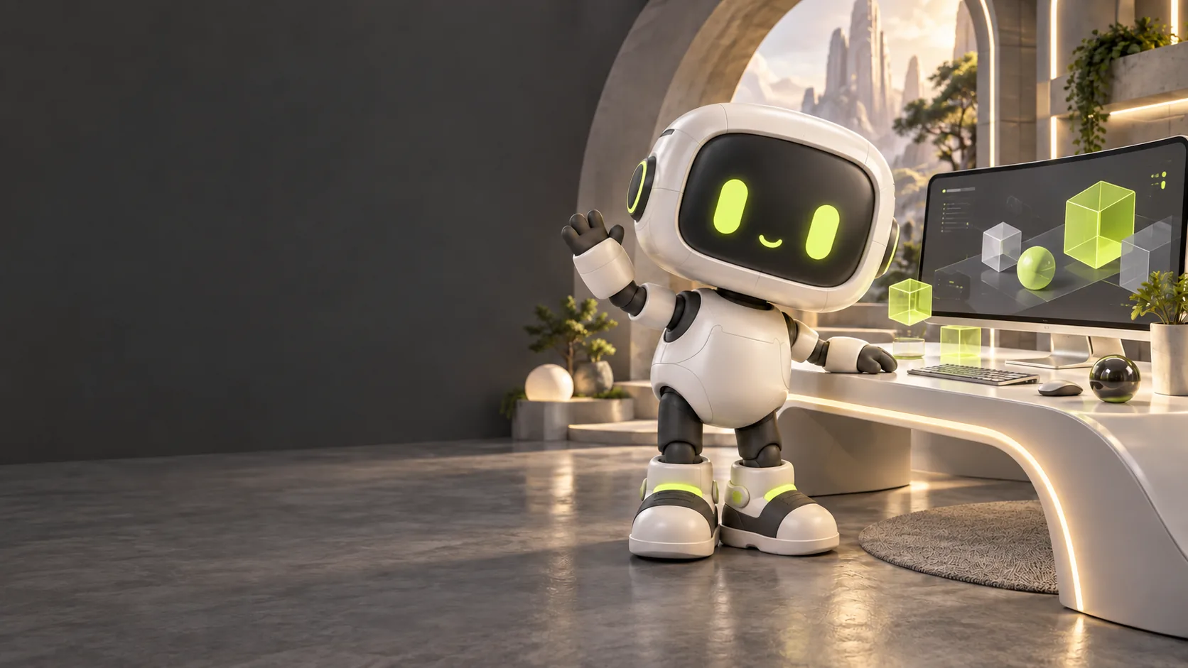 Xo, Xzist’s original 3D robot character, working at a computer in a playful digital studio