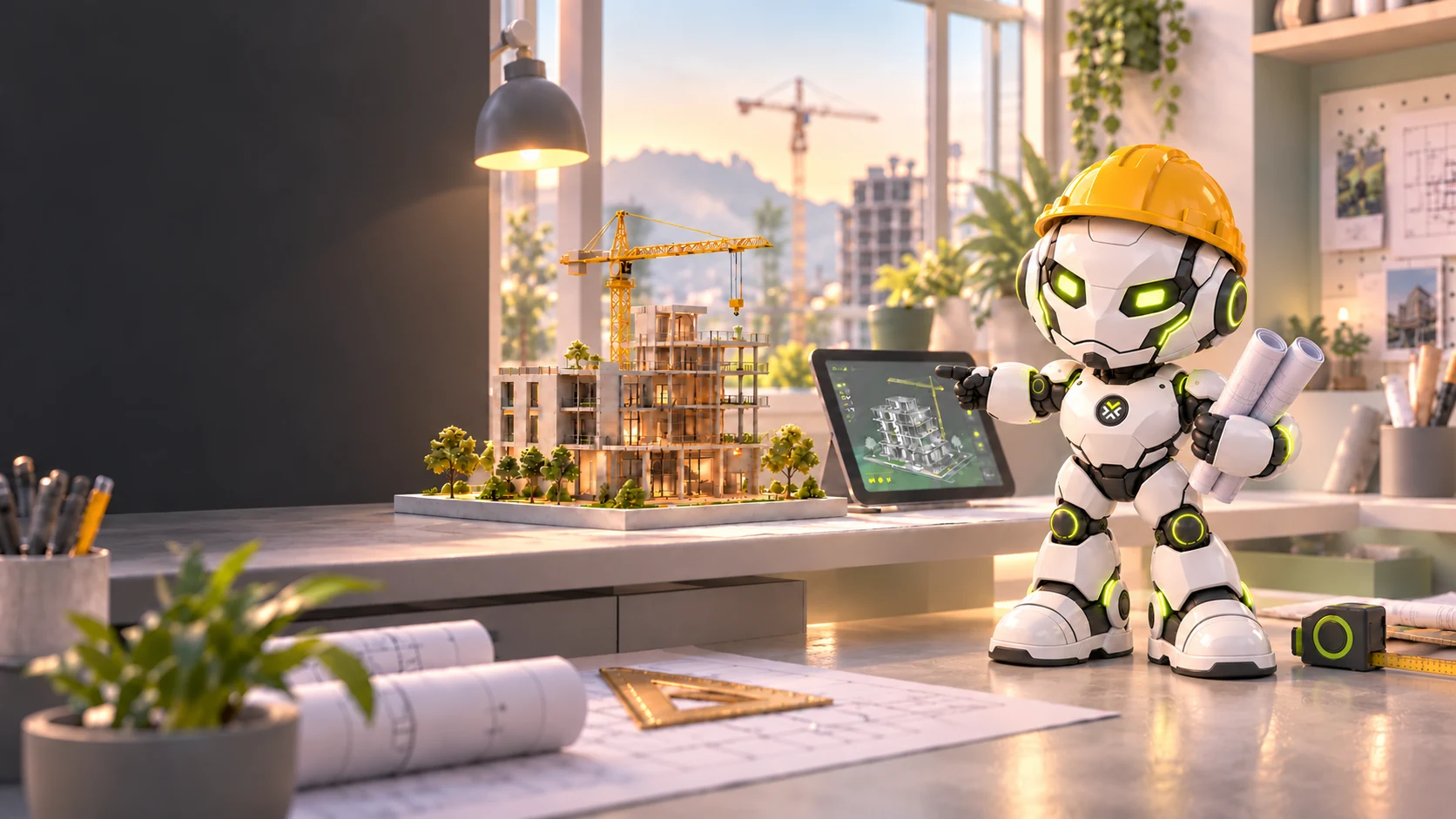 Dex with a hardhat, plans and a tablet in a construction workspace