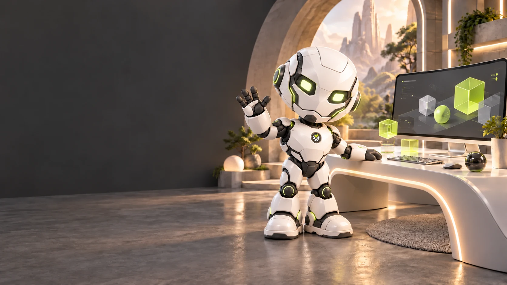 Dex, a friendly white and lime robot, waving hello beside a computer in the Xzist studio